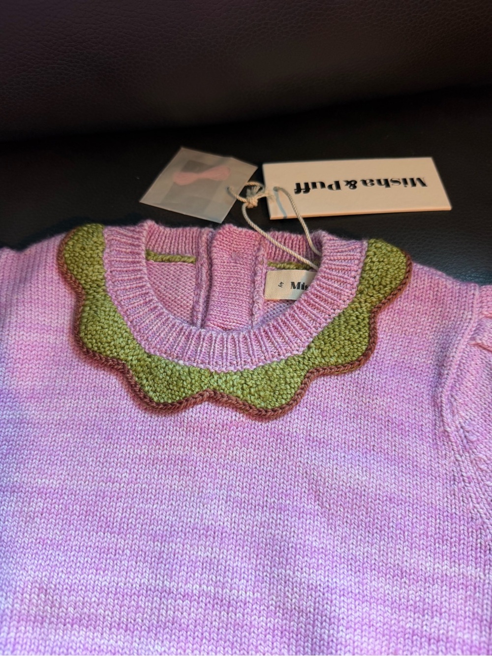 NWT Misha & Puff Mini Rodini Lavender Knit Sweater with Green Scallop Collar - Picture 2 of 7